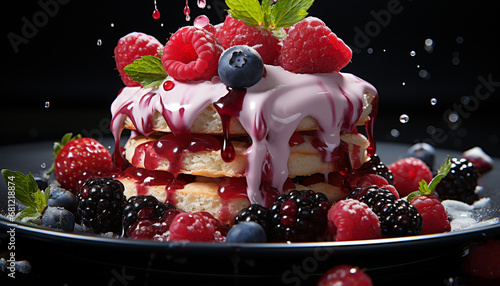 Fresh berry dessert with chocolate and whipped cream indulgence generated by AI