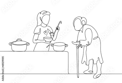 Grandmother. Volunteer. Help. Food. One line