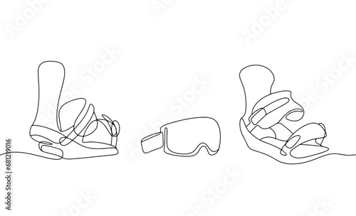 Snowboard bindings. Snowboard mask. One line