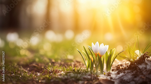 Spring season outdoors landscape, flower in nature on a forest ground covered with grass and snow, under the morning sun - Seasonal background for easter wishes photo