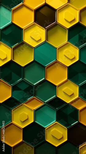 A pattern of yellow and green hexagons interlocked in a circle photo