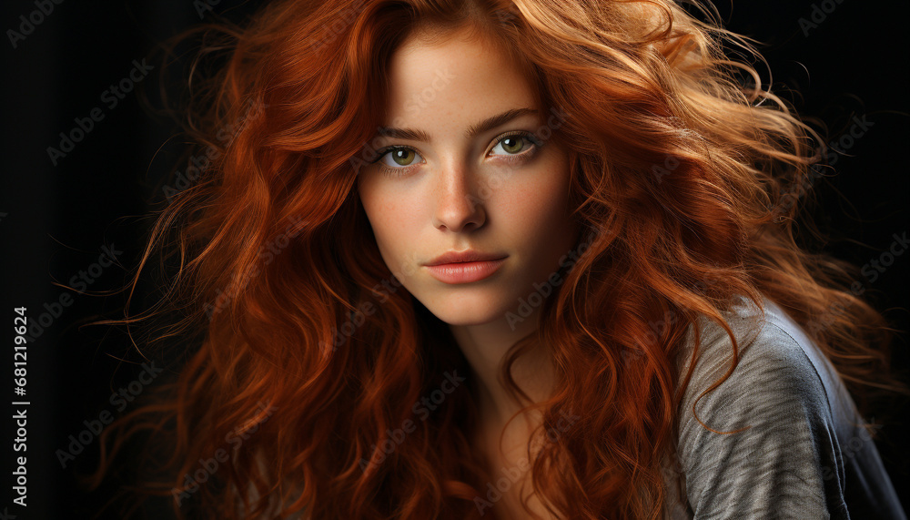 Beautiful woman with long curly hair looking at camera confidently generated by AI Beautiful woman with long curly hair looking at camera confidently generated by AI