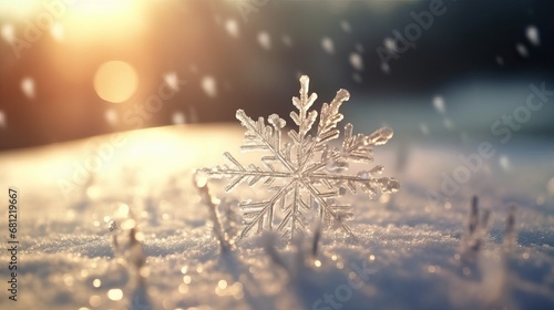 Magical winter background with snow,snowflakes and soft bokeh lights on blue sky,cold backdrop for Christmas. Snowy still life at frosty weather time blurred magical background © Eli Berr