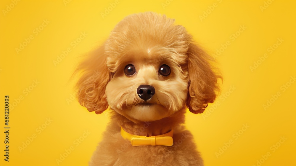 Close-up of joyful Toy Poodle on clean yellow backdrop. Close-up of joyful Toy Poodle on clean yellow backdrop.