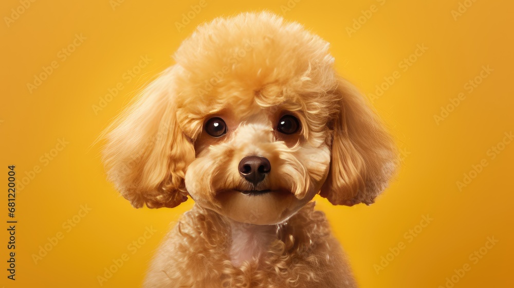 Close-up of joyful Toy Poodle on clean yellow backdrop. Close-up of joyful Toy Poodle on clean yellow backdrop.