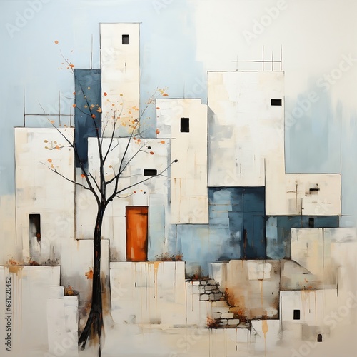 Abstract oil painting architectural, minimal village. Dynamic composition forms and shapes. Good as a poster for wall decor or interior. © Yuliia