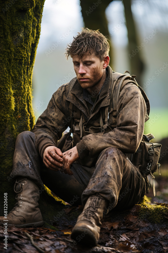 Contemplative Soldier Resting Against Tree