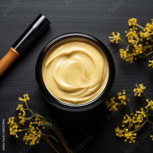 Design template of a jar of cosmetic cream on a background of green leaves with soybeans around  banner with copy space. Concept  mockup for natural product ingredients