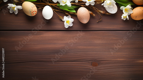 easter background - easer eggs with some twigs as decoration on a wooden underground with text space photo
