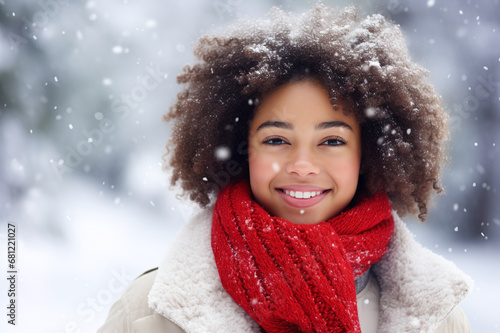 Beautiful happy laughing young woman wearing a warm, red scarf. Winter forest landscape background