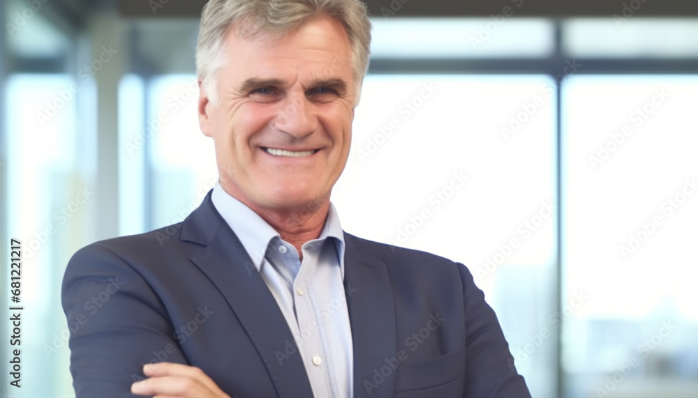 Smiling businessman, mature adult confidence, success, expertise, leadership, joy generated by AI