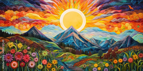 An abstract artistic portrayal of vibrant, serene landscape featuring majestic mountains, lush trees, oversized blossoms in various hues and radiant yellow sun ascending in the background photo