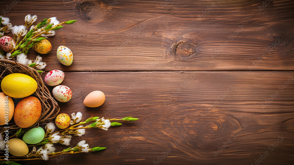 easter background - easer eggs with some twigs as decoration on a wooden underground with text space - obrazy, fototapety, plakaty 