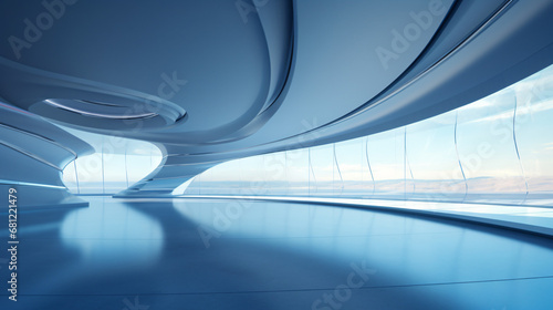 Abstract futuristic glass architecture with empty concrete floor