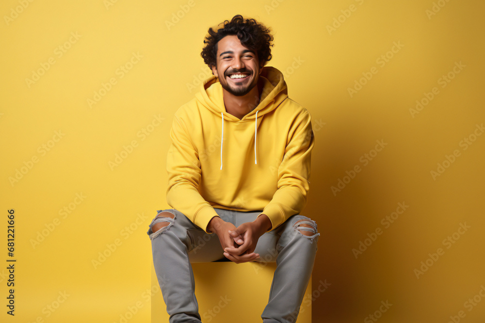 portrait of a man. Young smiling happy Indian man wears t-shirt casual clothes, sits with mobile cell phone, yellow background. studio portrait portrait of a man. Young smiling happy Indian man wears t-shirt casual clothes, sits with mobile cell phone, yellow background. studio portrait