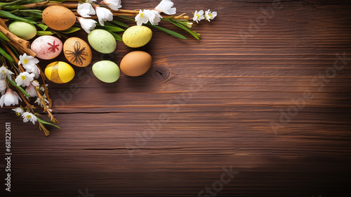 easter background - easer eggs with some twigs as decoration on a wooden underground with text space