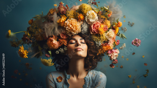 Portrait of a beautiful woman with her head covered with flowers. Mental health, psychological treatment concept. Happiness and joy, dreaming. Psychology theme, thinking positive photo