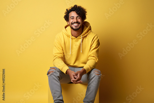 portrait of a man. Young smiling happy Indian man wears t-shirt casual clothes, sits with mobile cell phone, yellow background. studio portrait © Oleksandra