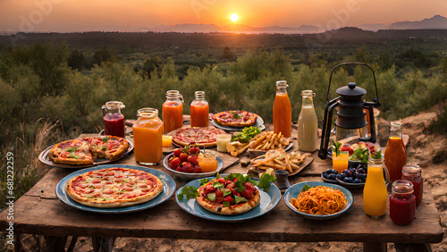 Ai Illustration mouth watering meal treat on wooden table at peak of hill with trees  mountain  greenery and sunset scene
