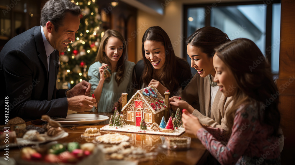 Family gathering around a table, viewing an elaborate Gingerbread House at christmas party