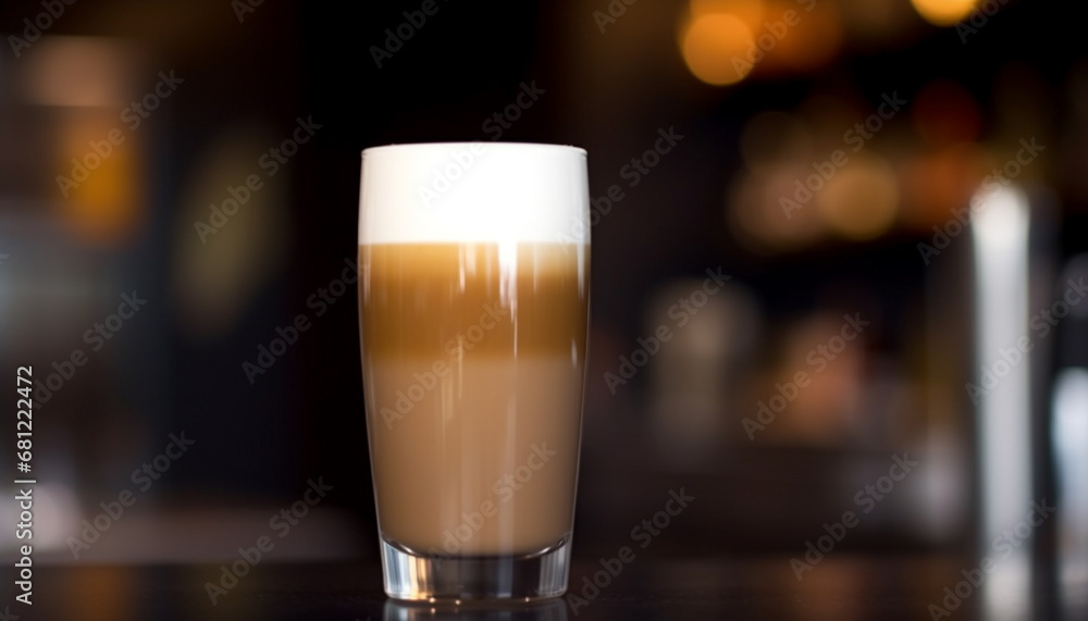 Frothy coffee glass on table, reflecting gourmet chocolate cream generated by AI Frothy coffee glass on table, reflecting gourmet chocolate cream generated by AI