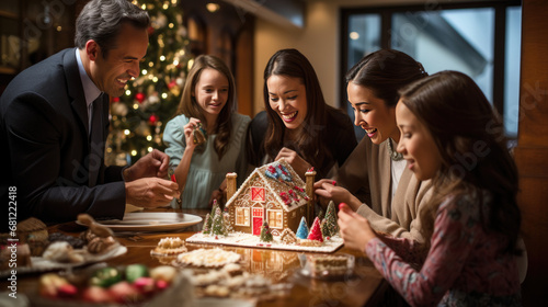 Family gathering around a table  viewing an elaborate Gingerbread House at christmas party