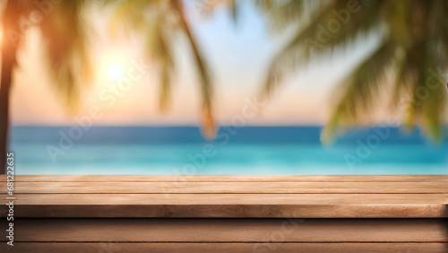 Illustration of Wooden board at sea side beach with blue sky  beautiful clouds  trees with clean blue water