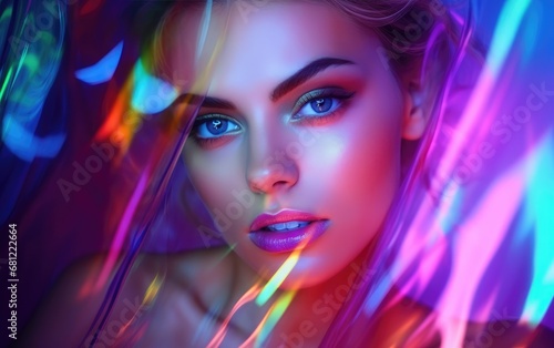 Fashion model woman in colorful bright neon lights posing in studio through transparent film
