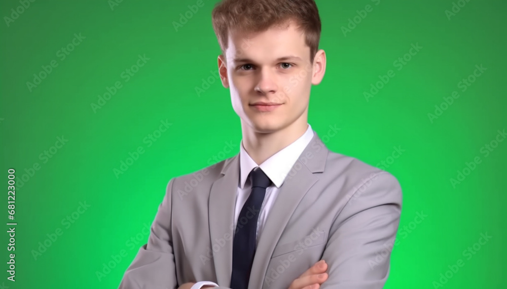 Handsome businessman in suit smiling with confidence, success in background generated by AI Handsome businessman in suit smiling with confidence, success in background generated by AI