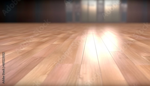 Shiny hardwood plank flooring illuminates modern apartment design with abstract backdrop generated by AI