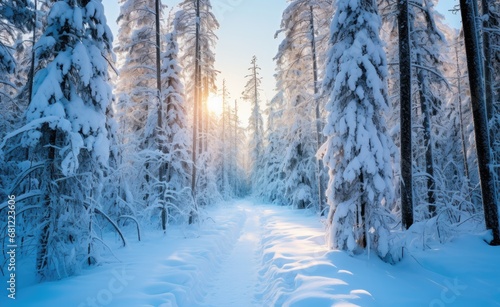 Scenic forest along a snow covered path in the winter season