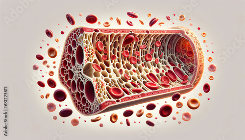 A photorealistic cross-section illustration of human bone marrow, featuring the complex trabeculae structure and the formation of erythrocytes and leukocytes, rendered in warm reds and creams.