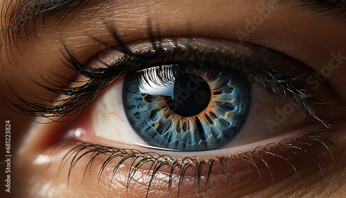 Close up of a woman blue eye, staring into the camera generated by AI