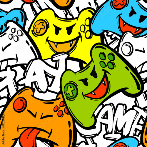 Seamless abstract pattern with colourful  joystick game and graffiti words. Wallpaper for boys.