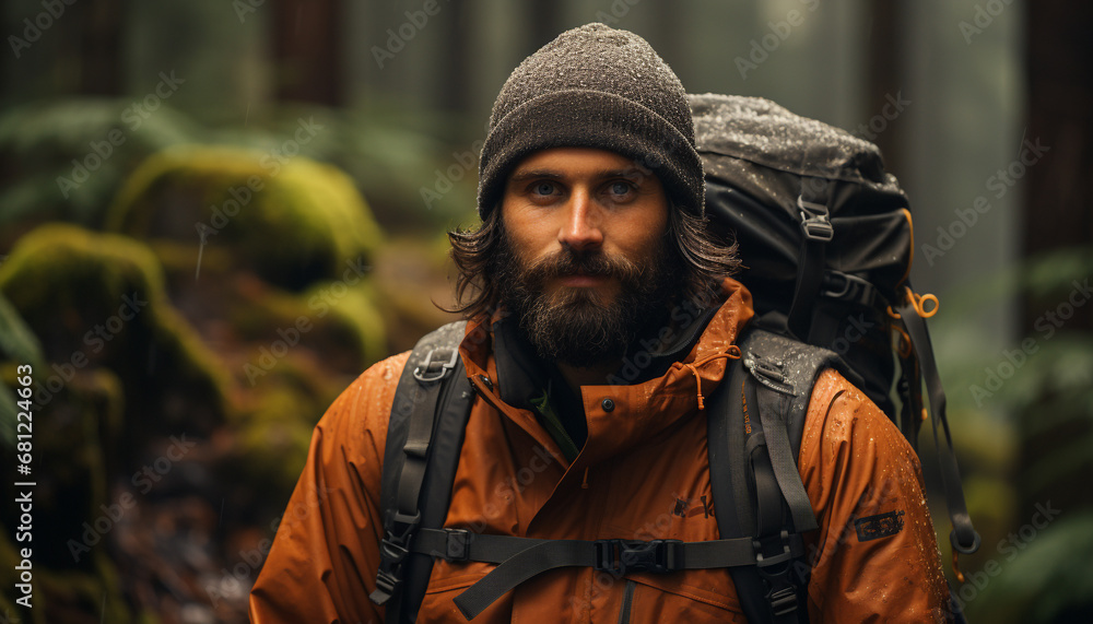 Obraz premium One man hiking in the forest with a backpack generated by AI