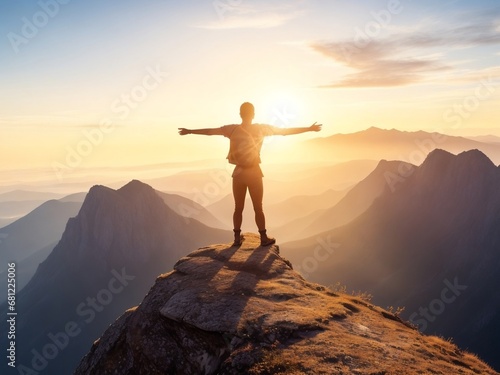 A person standing on a mountaintop and try to find happiness in the beauty of the world.