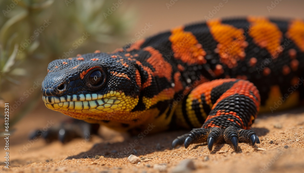 Fototapeta premium African lizard crawling, spotted scales, dangerous viper in tropical forest generated by AI