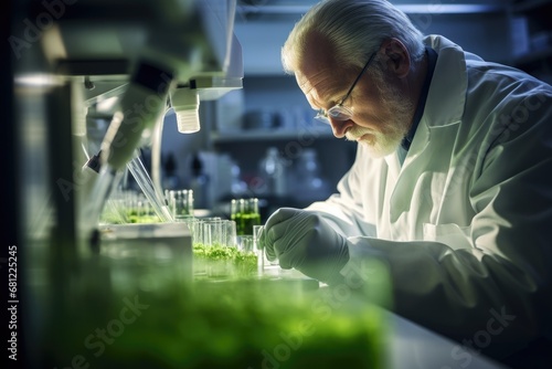 A man in a lab coat working on a plant. Generative AI.