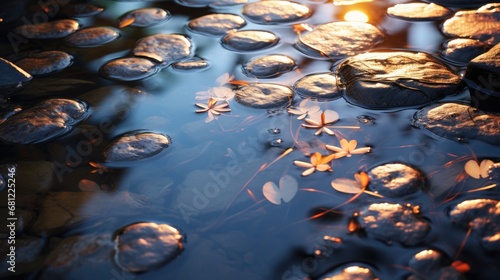 A pond filled with lots of water and leaves. Generative AI.