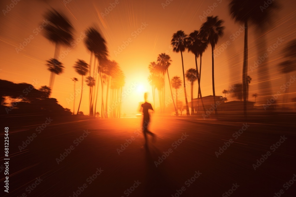 A person riding a skateboard down a street at sunset. Generative AI.