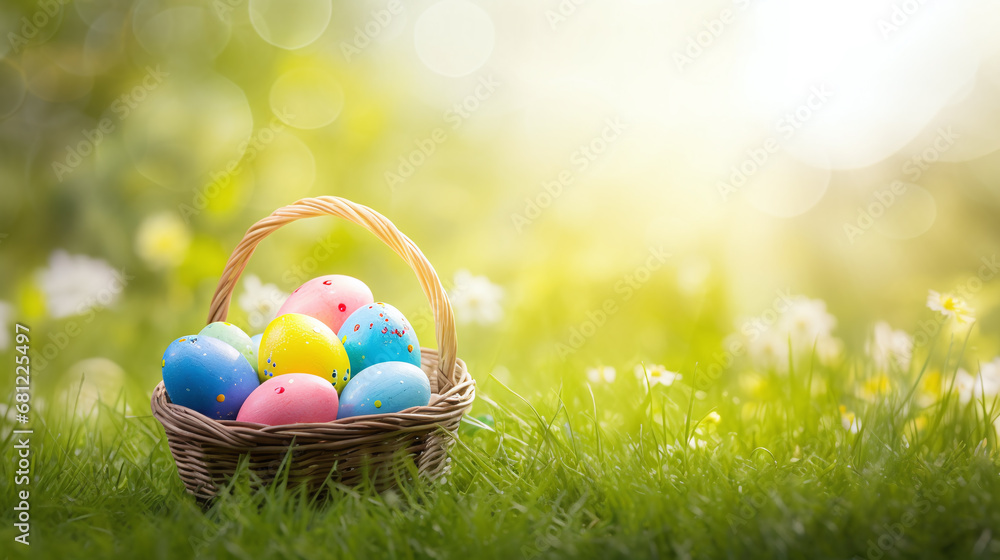Fototapeta premium easter background - basket filled with easter eggs beside green and golden bokeh