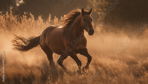 Horse running freely in meadow, enjoying the tranquil summer sunset generated by AI