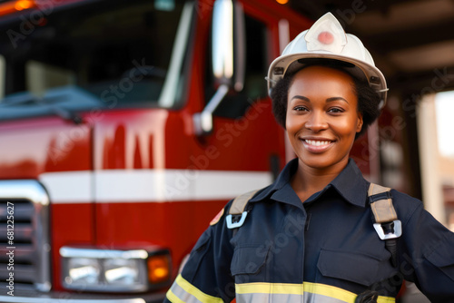Portrait of a confident African American female firefighter standing in front of the fire truck in her uniform ready to take action