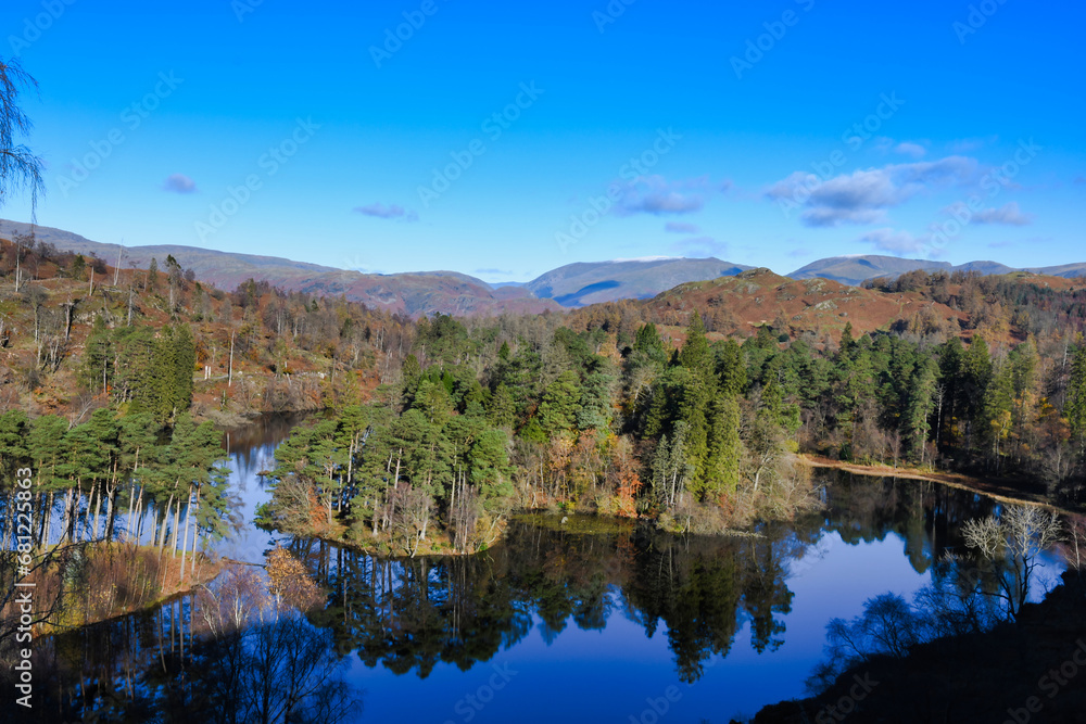 Lake District Cumbria, Tarn Hows, flat calm with reflections and blue sky