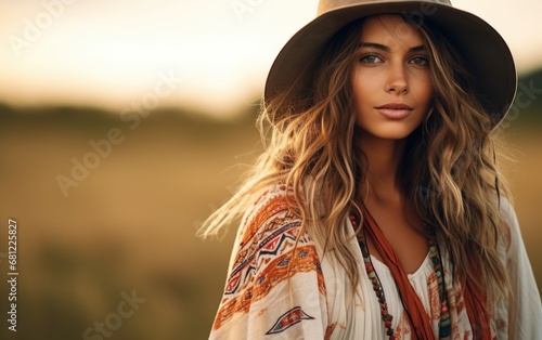 Portrait of a beautiful young boho woman in a field photo