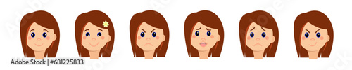 Collection of various children's emotions. Girl's face different facial expressions. Vector illustration.