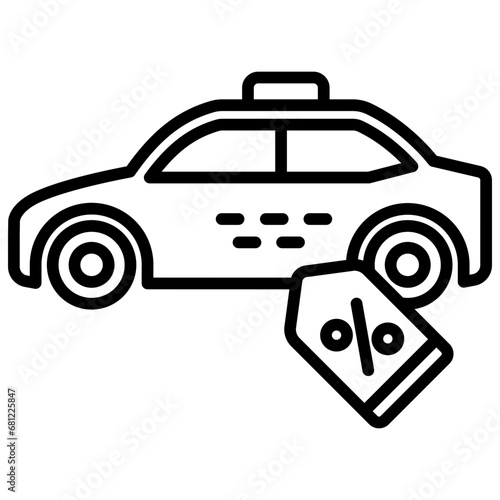 Discounts black outline icon, related to transportation, ride sharing theme.