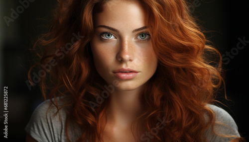 Beautiful woman with long brown hair looking at camera generated by AI