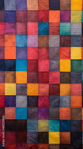 A pattern of multicolored squares arranged in a quilt-like pattern