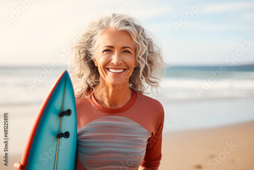 Middle-aged woman holding a surfboard on a beach, radiating vitality, optimism, health, and well-being, aging gracefully and embracing active lifestyle